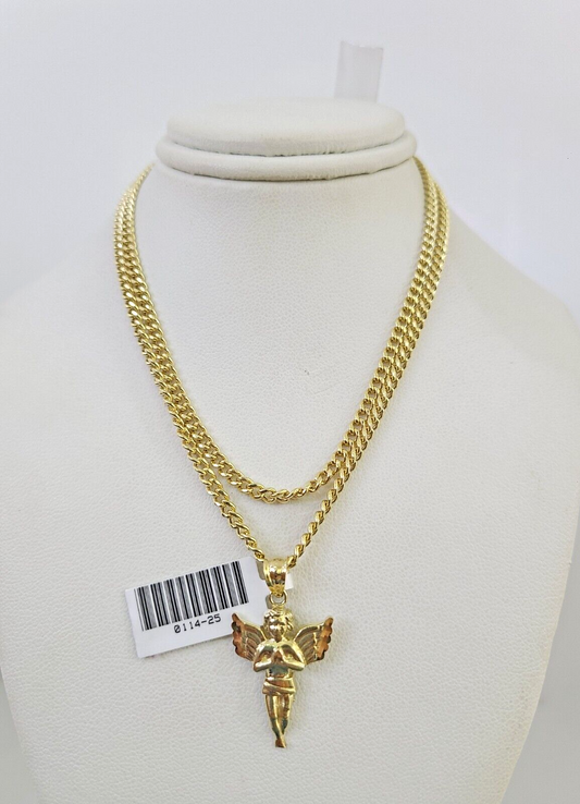 10k Gold Miami Cuban Chain Praying Angel Charm Pendant 3mm 18-28in Necklace Set