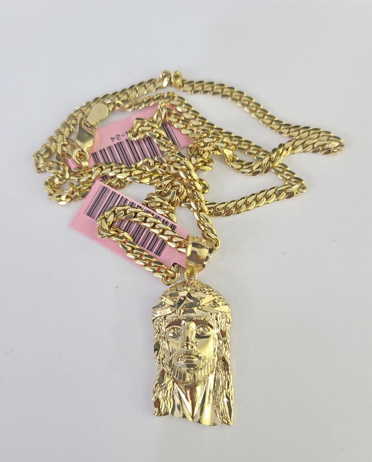 Real 14k Solid Chain Jesus Head Charm Set Miami Cuban 3mm Necklace Pendant