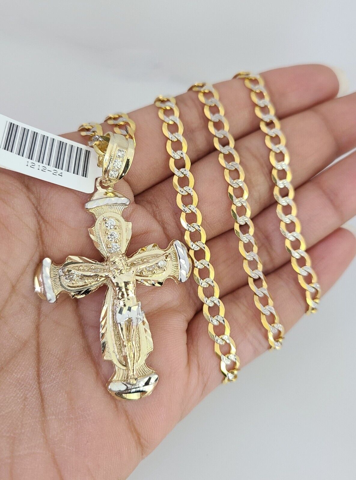 10k Gold Chain Jesus Crucifix Cross Charm Solid Cuban Curb 5mm 18"-28" Inch SET
