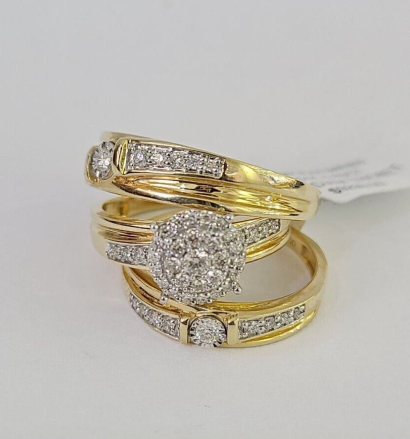 REAL 14k Diamond Ring Yellow Gold Ladies Men Trio SET Wedding Engagement Genuine