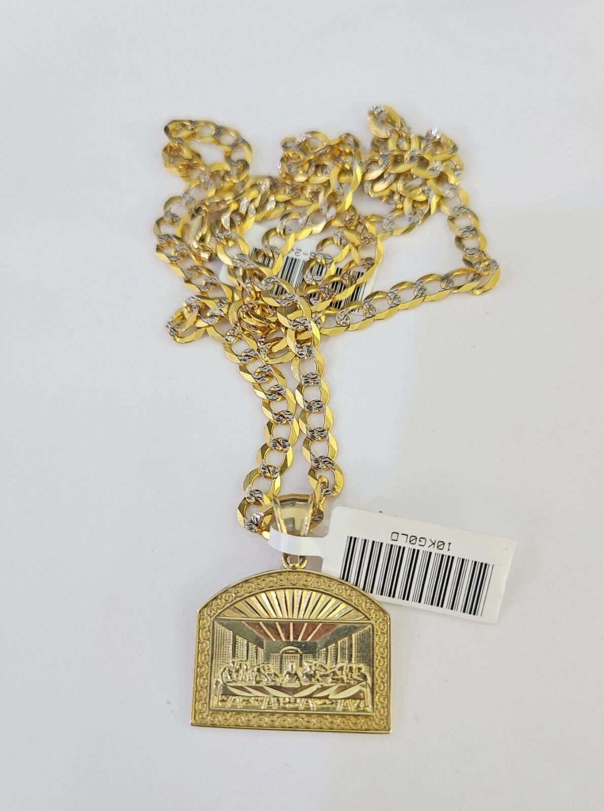 10k Gold Chain Last Supper Charm Solid Cuban Curb Link 5mm 18"-28" Inch SET