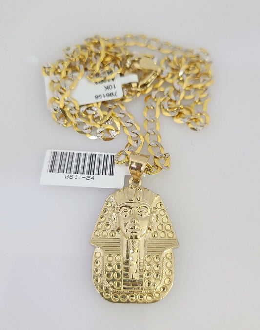 10k Gold Necklace Chain Pharaoh Charm Solid Cuban Curb 5mm 18"-28" Inch SET