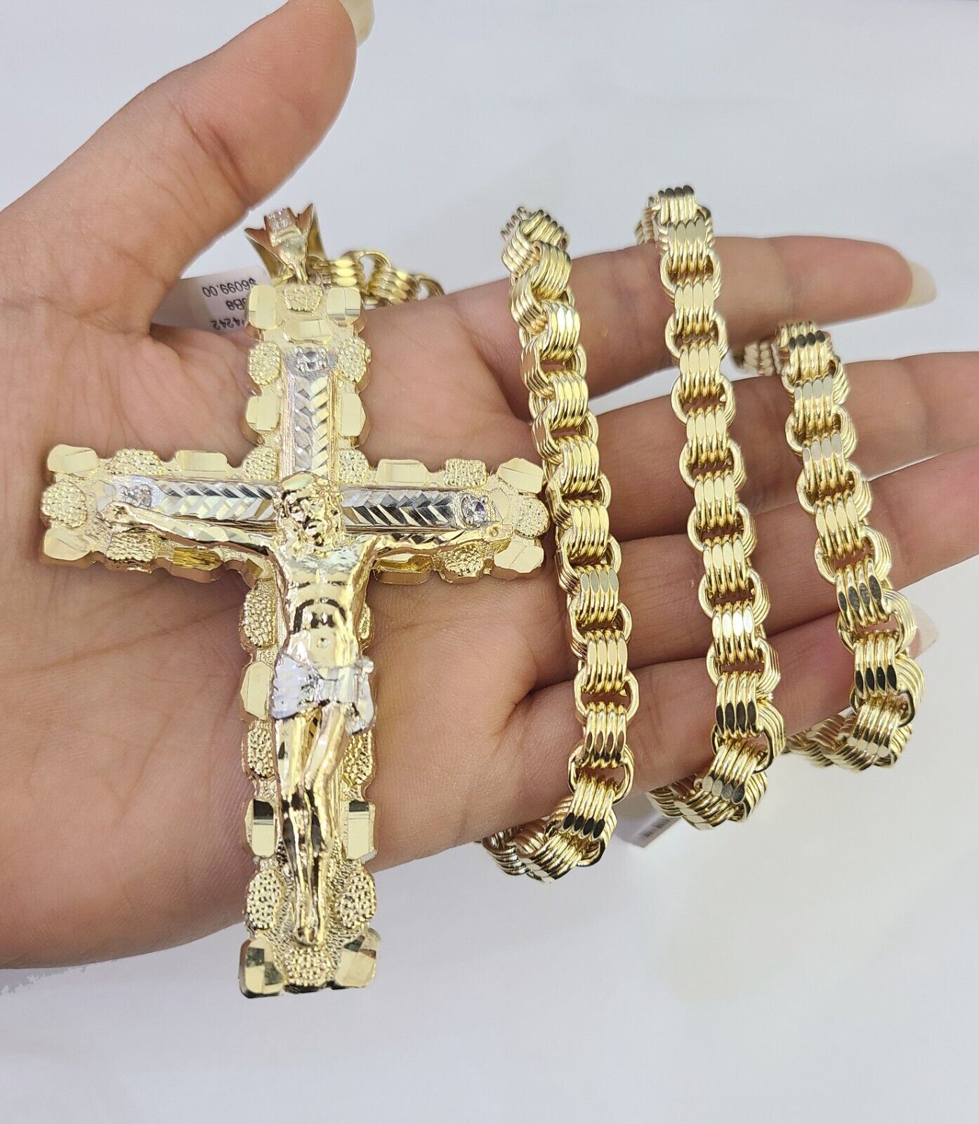 10k Gold Byzantine Necklace Jesus Cross Charm Pendant 20"-30" 8mm REAL SET Chain