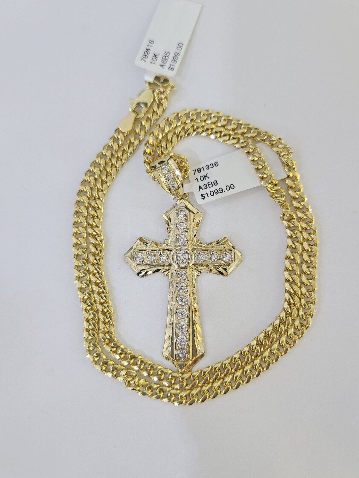 10k Nugget Cross Charm Miami Cuban Chain 4mm 22 inch SET Yellow Gold