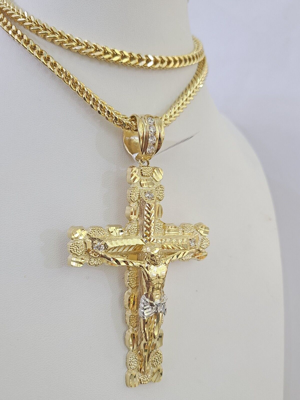 10K Franco Chain Jesus Cross Pendant Charm Necklace 20"-26" 5mm Gold Yellow SET