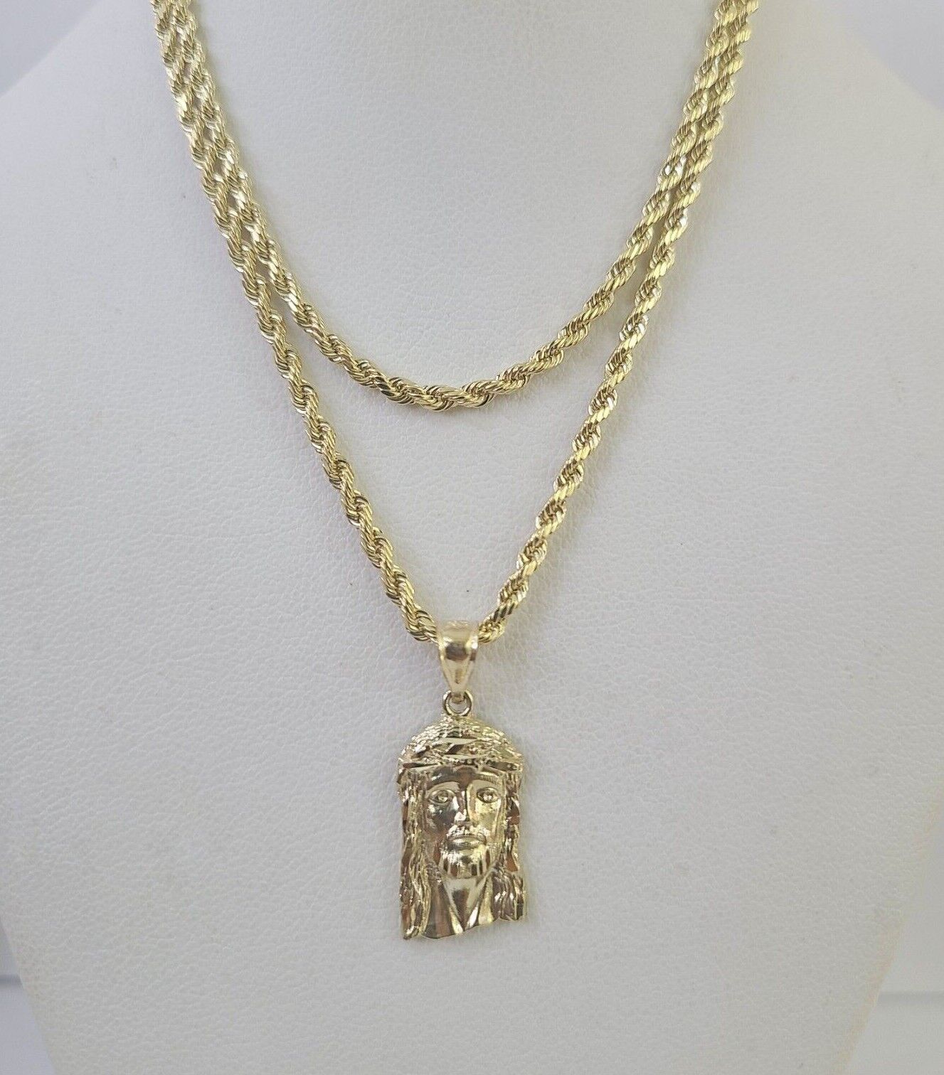 10k Rope Chain Jesus Head Pendant 18"-30" Yellow Gold Set Charm Necklace 3mm