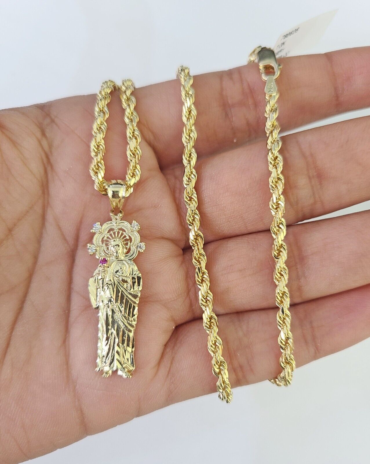 10k 3mm Rope Chain Saint Jude Pendant 18"-30" Yellow Gold Set Charm Necklace