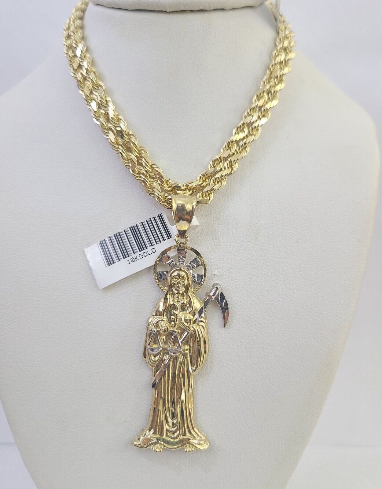 10k Solid Rope Chain Saint Reaper Charm Set 4mm 18"-30" Necklace Gold Pendant