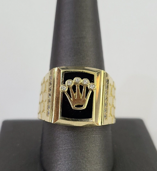 Real 10k Ring Crown Fancy Black Design Yellow Gold Men Casual 10kt