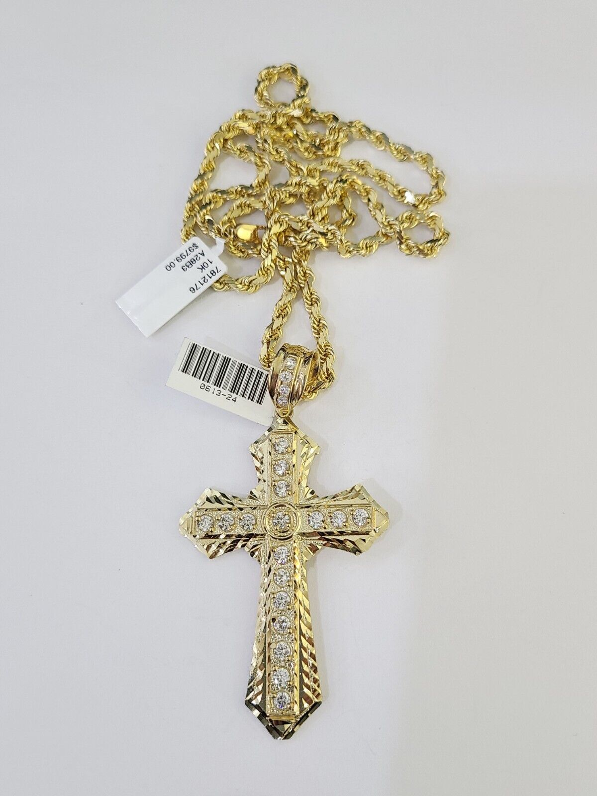 10k Solid Rope Chain Jesus Cross Charm Set 4mm 18"-28" Necklace Yellow Gold