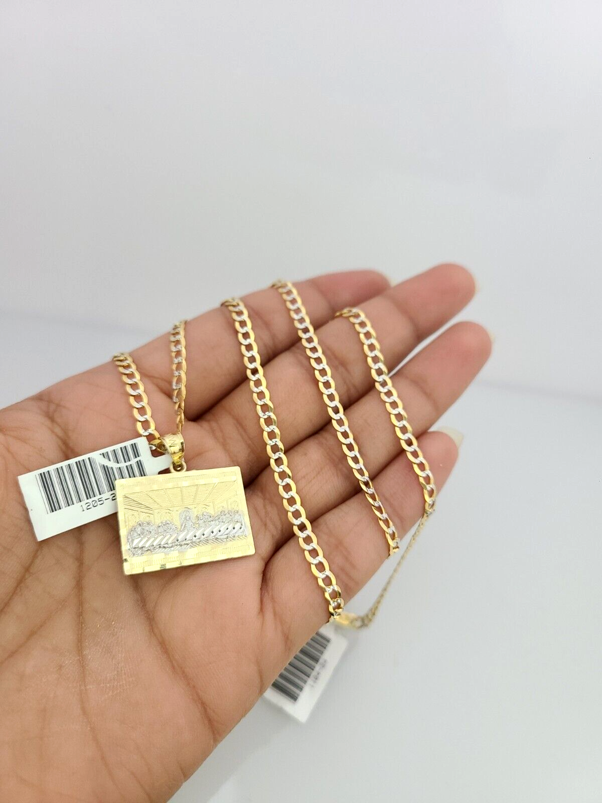 10k Gold Solid Cuban Curb Chain Necklace Last Supper Pendant Set 3mm 18"-26"