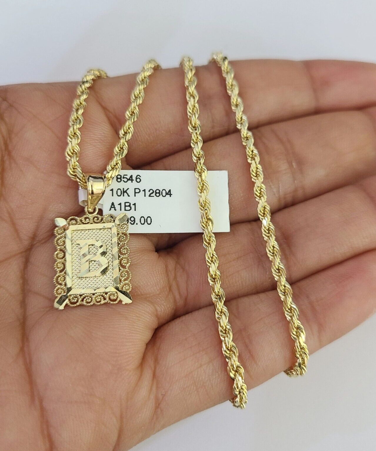 10k Gold Initial B Charm Rope Chain 16"-26" 2.5mm SET Necklace Alphabet Pendant