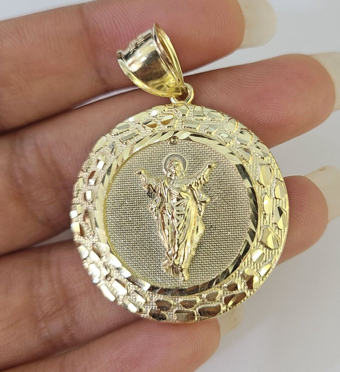 Real 10K Nugget Medallion Guadalupe Pendent Charm 10kt yellow Gold 2" Religious