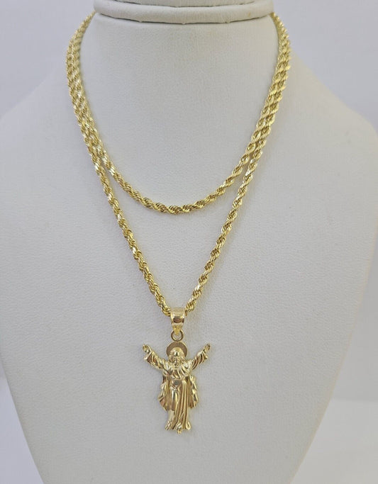 10k 3mm Rope Chain Jesus Full Body Pendant 18"-30" Gold Set Charm Necklace