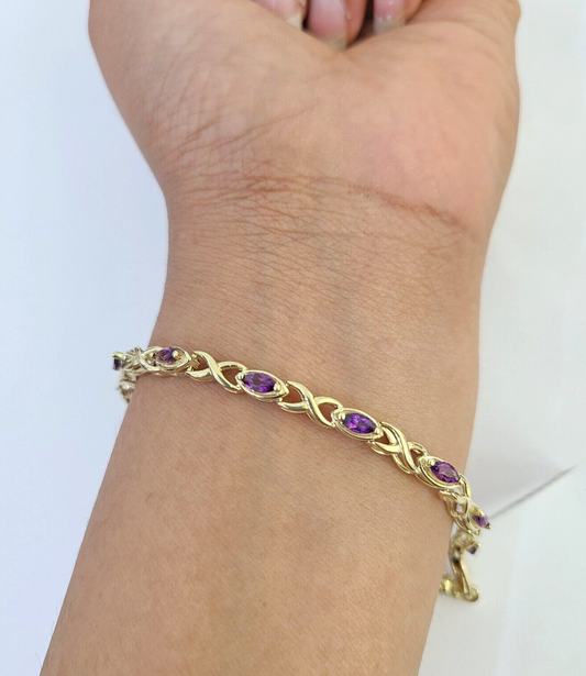 Real 10K Yellow Gold Purple Tennis Bracelet 4mm 7.5 Inches 10kt Gold