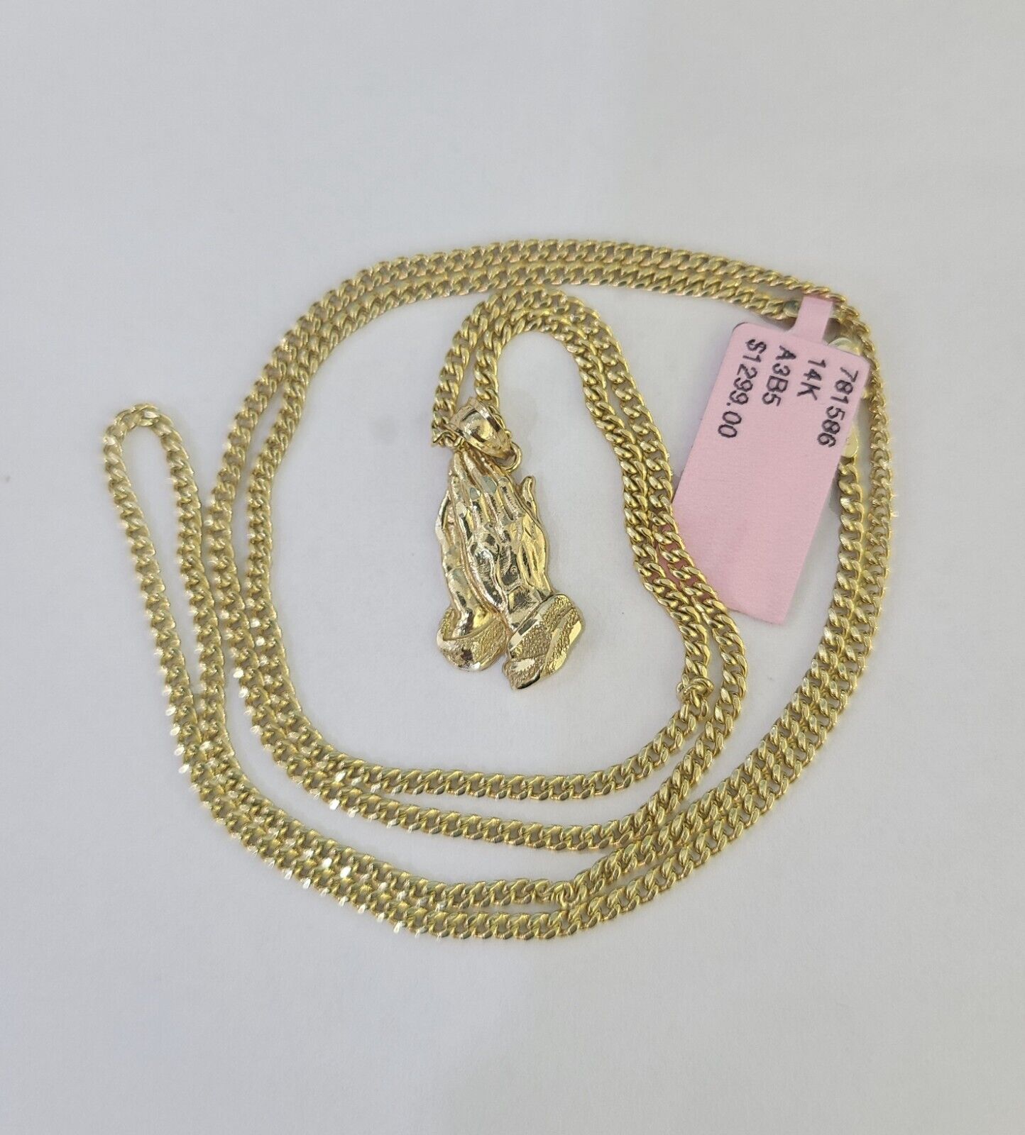 14k Miami Cuban Chain Praying Hands Charm Pendant 2mm 18"-24inch SET Necklace