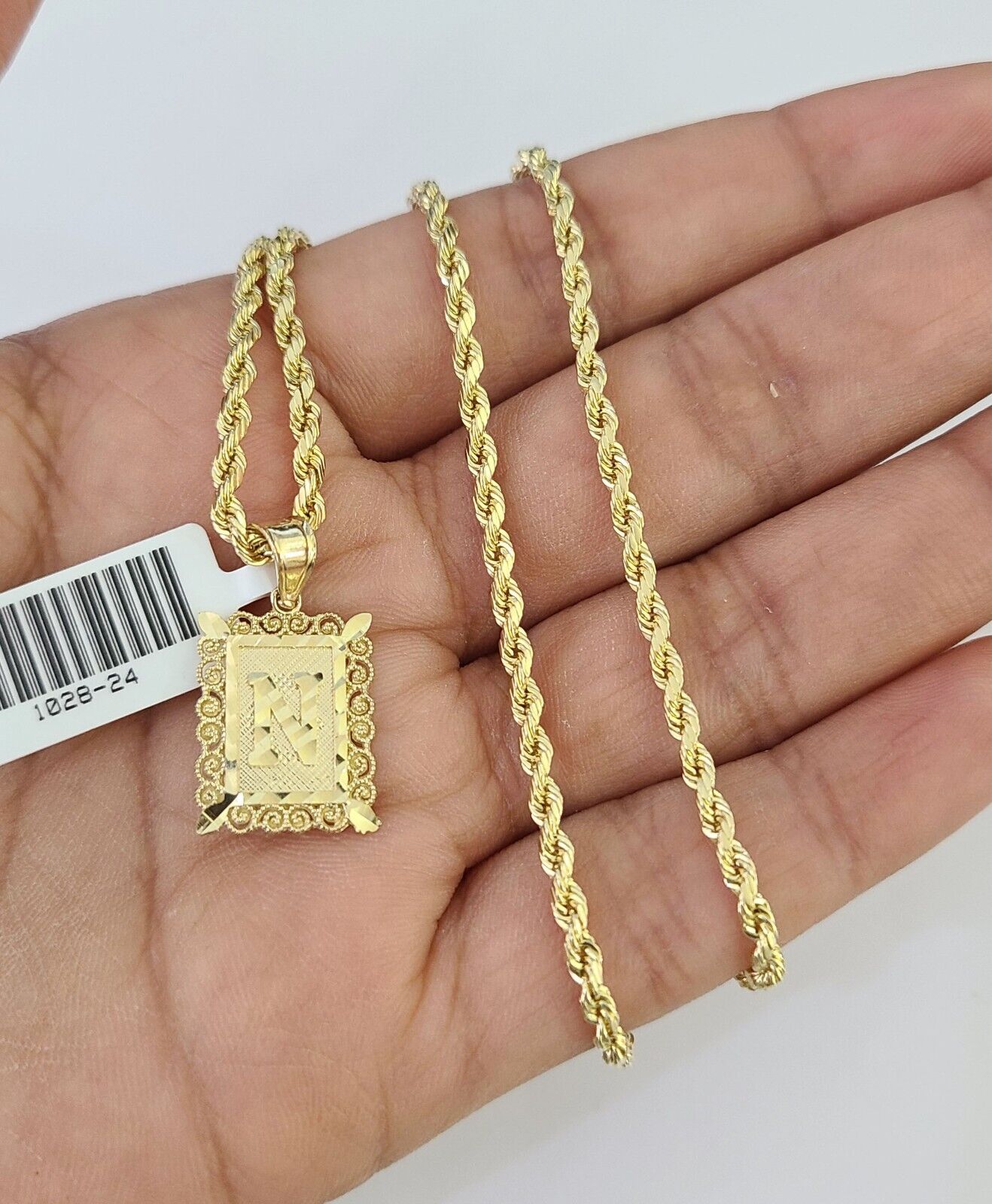 10k Gold Initial N Charm Rope Chain 16"-26" 2.5mm SET Necklace Alphabet Pendant