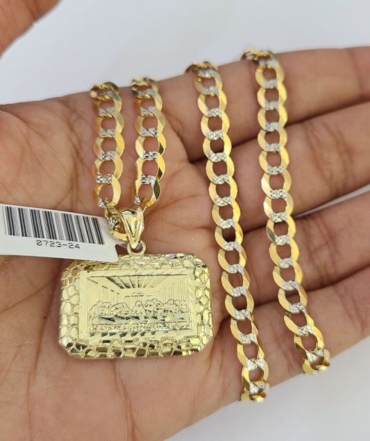 10k Solid Gold Cuban Curb Chain Last Supper Pendant 6mm 20"-30" SET Necklace