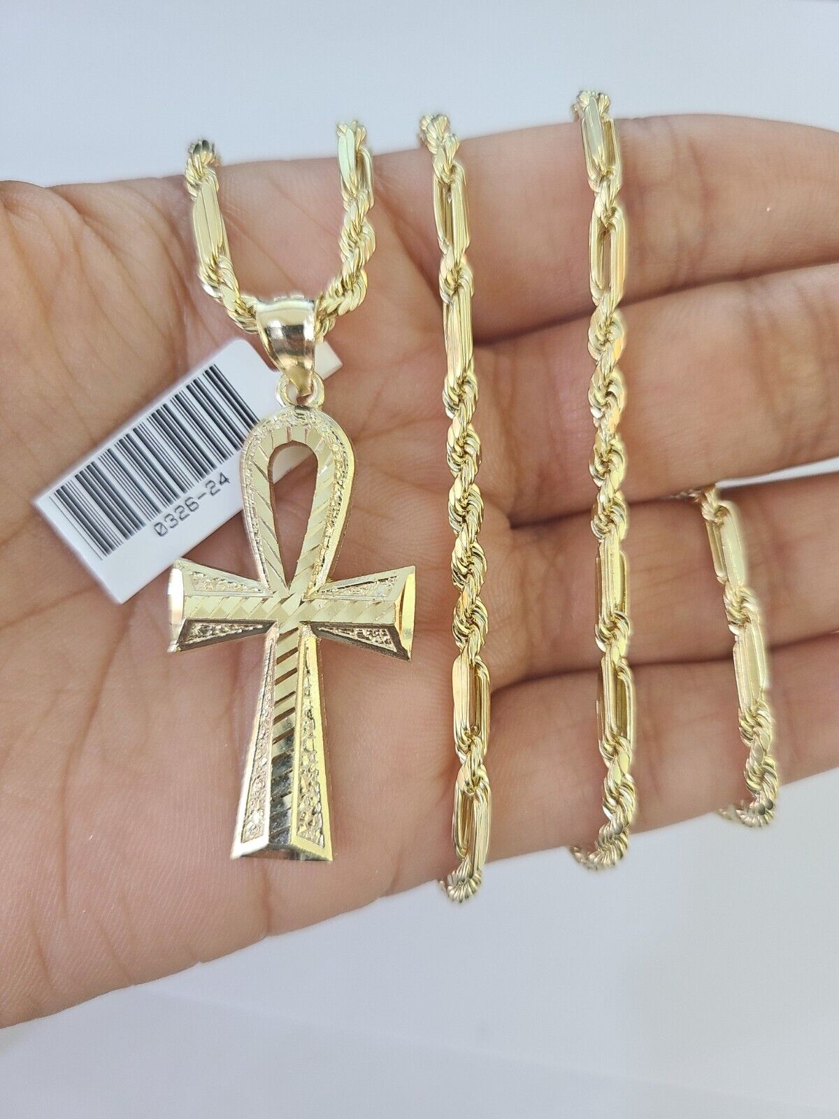 10k Milano Rope Chain Ankh Jesus Cross Charm Necklace SET 3mm 18" 20" 22" 24"