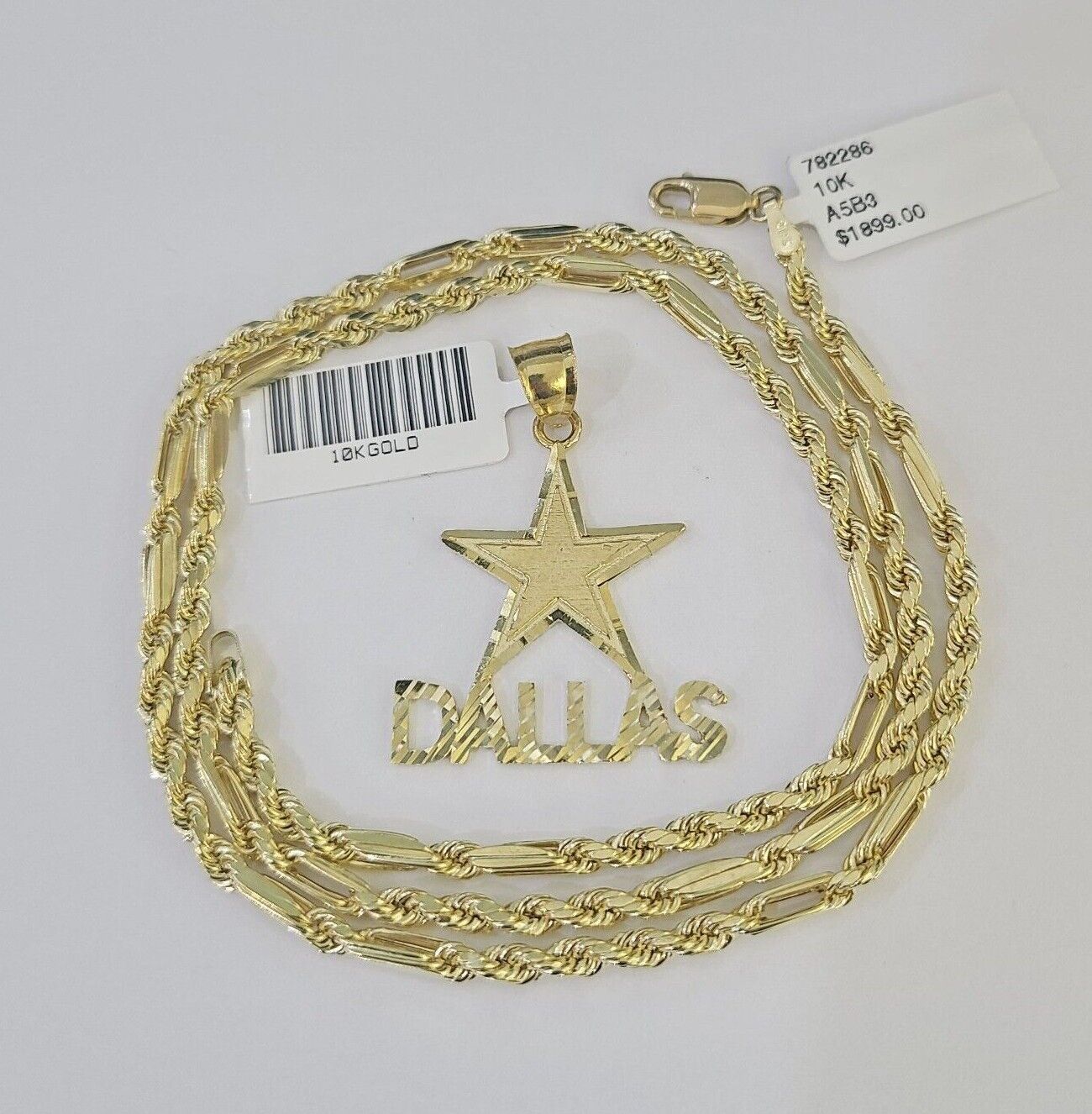 10k Milano Rope Chain Dallas Charm Necklace SET 3mm 18" 20" 22" 24"