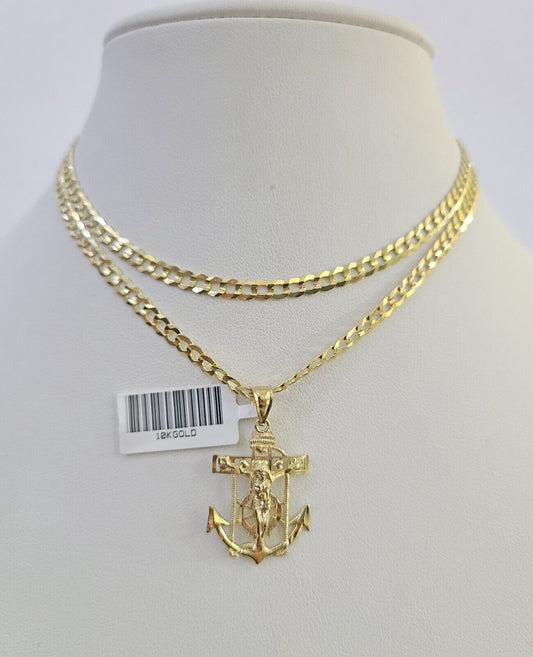 10k Gold Cuban Curb Chain Jesus Anchor Charm Solid 4mm 18"-28" SET Necklace