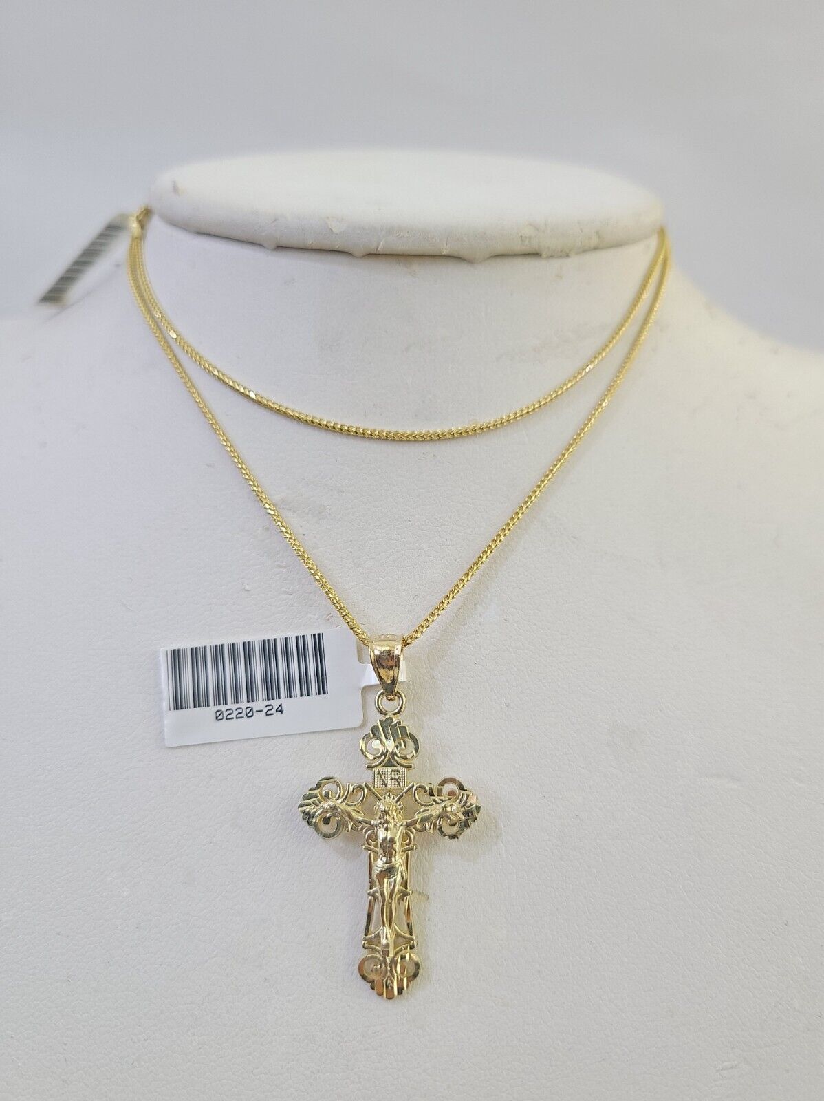 10K Solid Franco Chain INRI Jesus Cross Pendant Charm Necklace 18"-24" 1.5mm