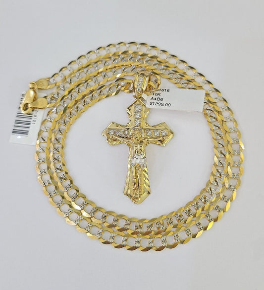 10k Gold Chain Cuban Curb Link Jesus Cross Pendant 6mm 20"-30" SET Necklace Solid Two-tone