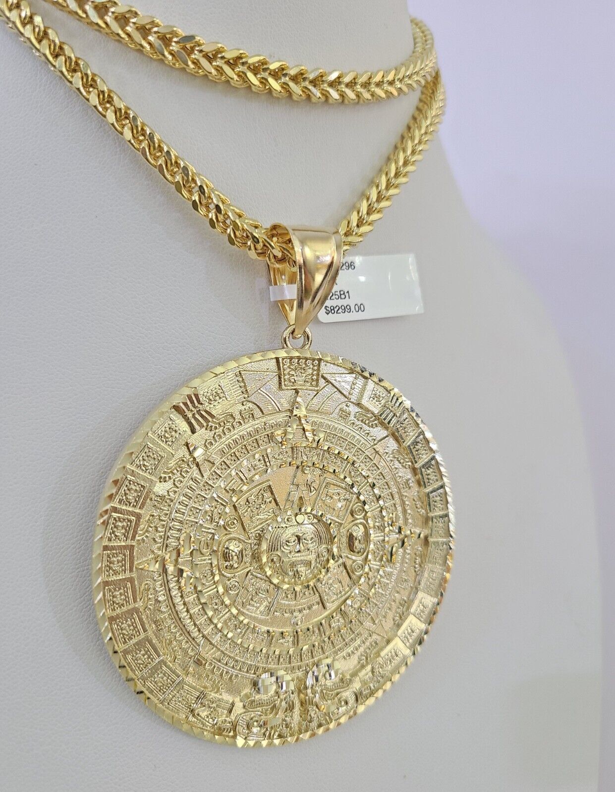 10K Franco Chain Mayan Calendar Pendant Charm Necklace 20"-26" 5mm Gold SET