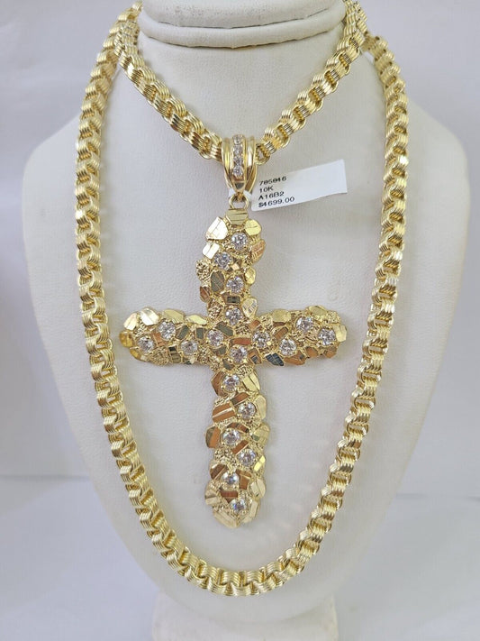 10k Gold Byzantine Necklace Jesus Cross Charm 18-30 inches 5mm SET Chain Pendant