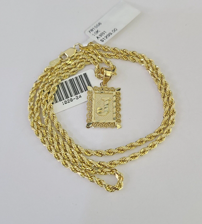 10k Gold Initial J Charm Rope Chain 16"-26" 2.5mm SET Necklace Alphabet Pendant