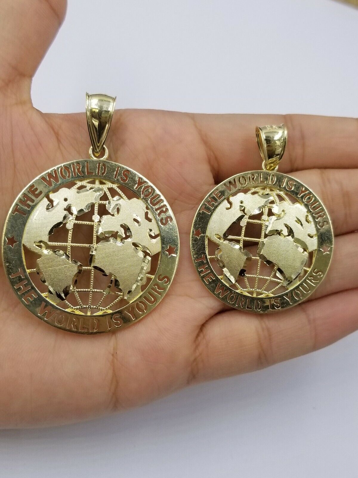 10K Yellow Gold Real Pendant The World is Your Solid fit a 7mm chain bail expand