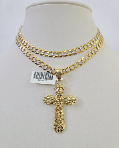 Solid 10k Gold Cuban Curb Chain Nugget Cross Pendant 6mm 20"-30" SET Necklace Two-tone