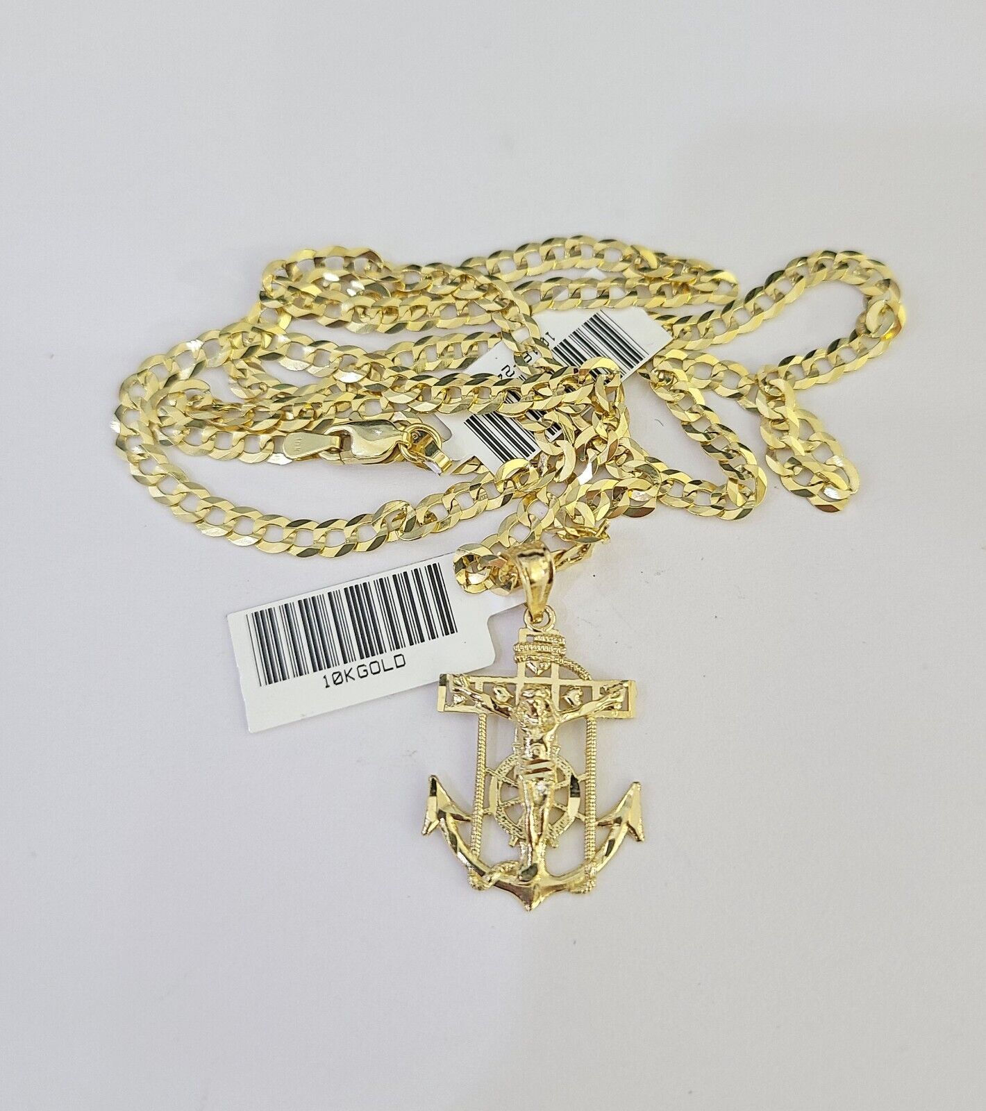 10k Gold Cuban Curb Chain Jesus Anchor Charm Solid 4mm 18"-28" SET Necklace