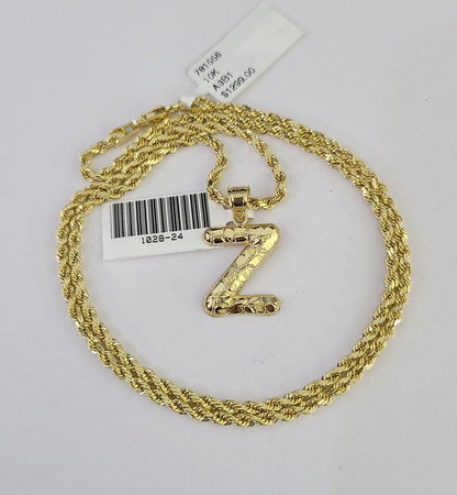 10k Gold Initial Z Charm Rope Chain 16"-26" 2.5mm SET Necklace Alphabet Pendant