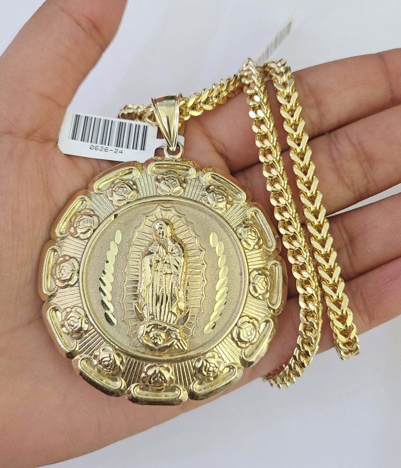 10K Franco Chain Jesus Mary Pendant Charm Necklace 20"-26" 5mm Gold SET Yellow