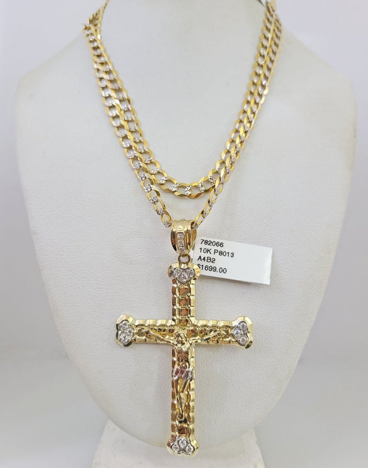 10k Gold Chain Jesus Cross Charm Solid Cuban Curb Link 5mm 18"-28" Inch SET