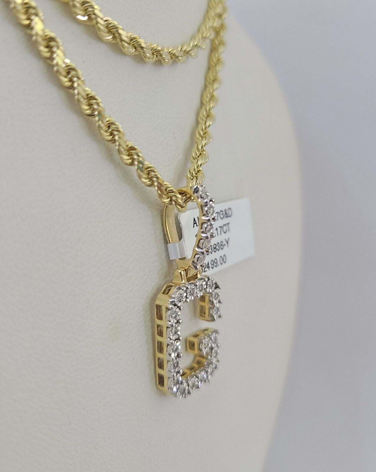 10k 3mm Rope Solid Chain G Diamond Pendant Alphabet 18"-28" Gold Charm Necklace