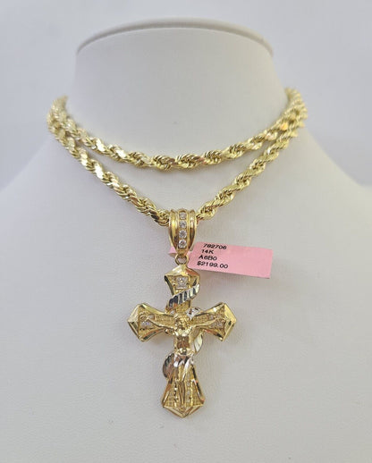 Real 14k Rope Chain Jesus Cross Charm Yellow Gold Set 5mm 20"-30" Necklace