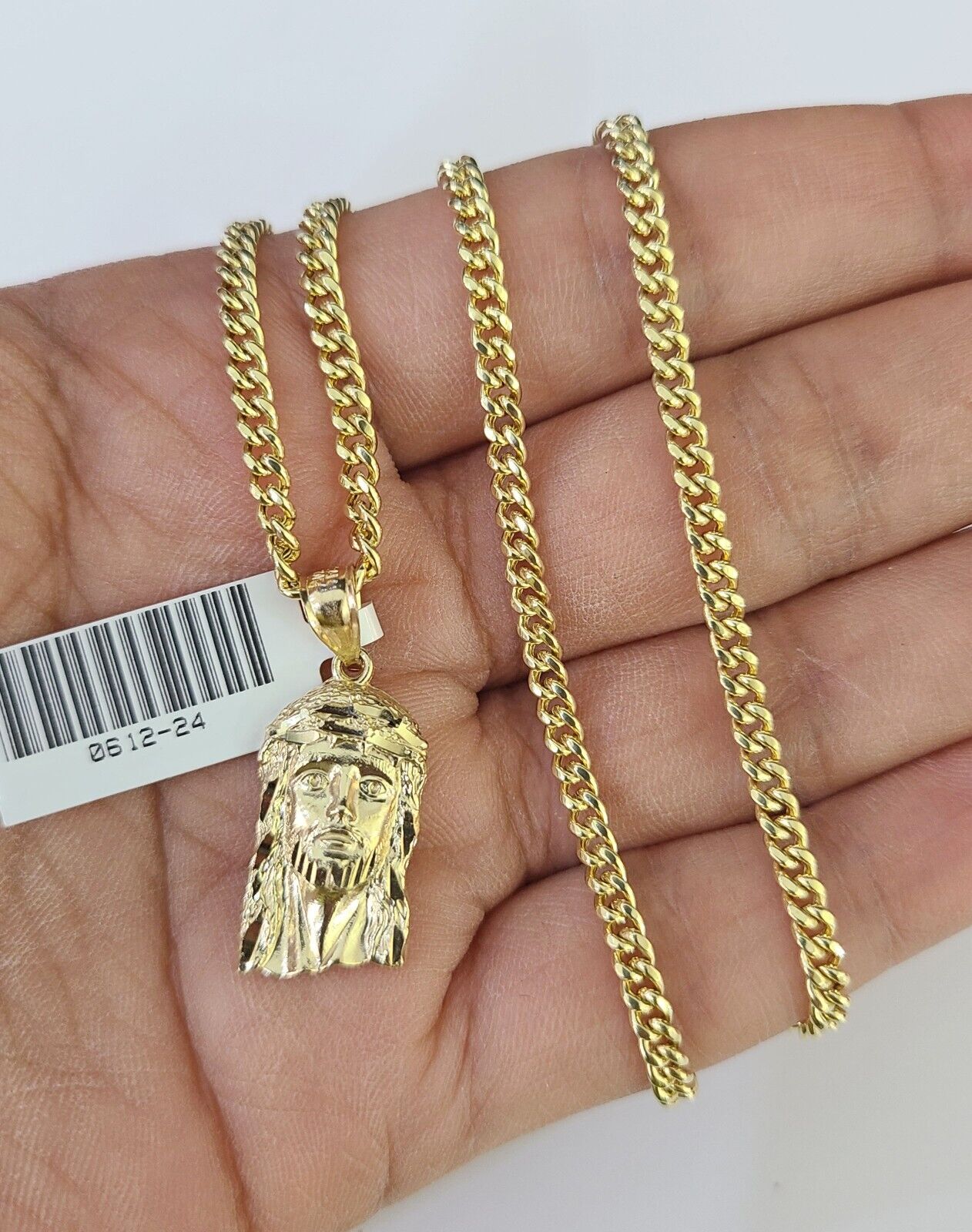 10K Gold Miami Cuban Chain Jesus Head 18"-28" 3mm REAL Pendant Necklace SET