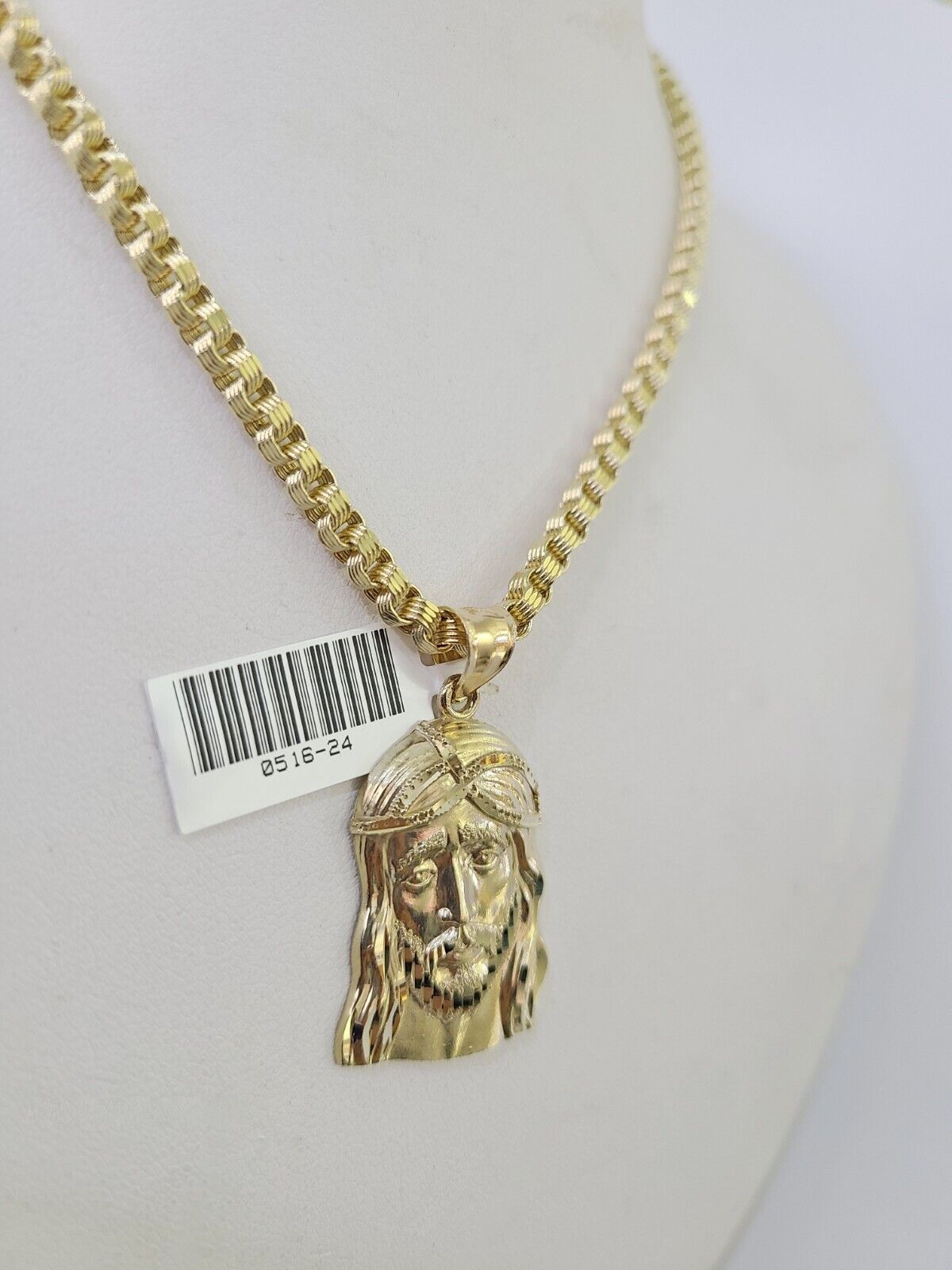 10k Gold Byzantine Necklace Jesus Head Charm 18-28 inch 3mm SET Chain Pendant