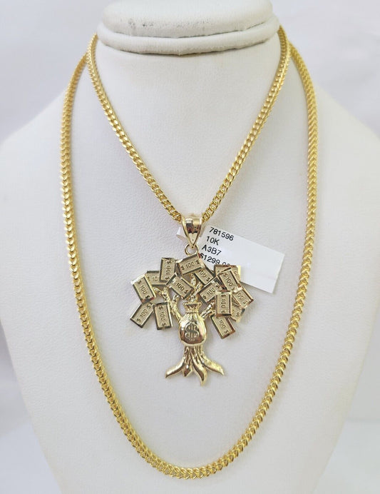 10K Franco Chain Money Tree Pendant Charm Necklace 20"-26" 2.5mm Yellow Gold