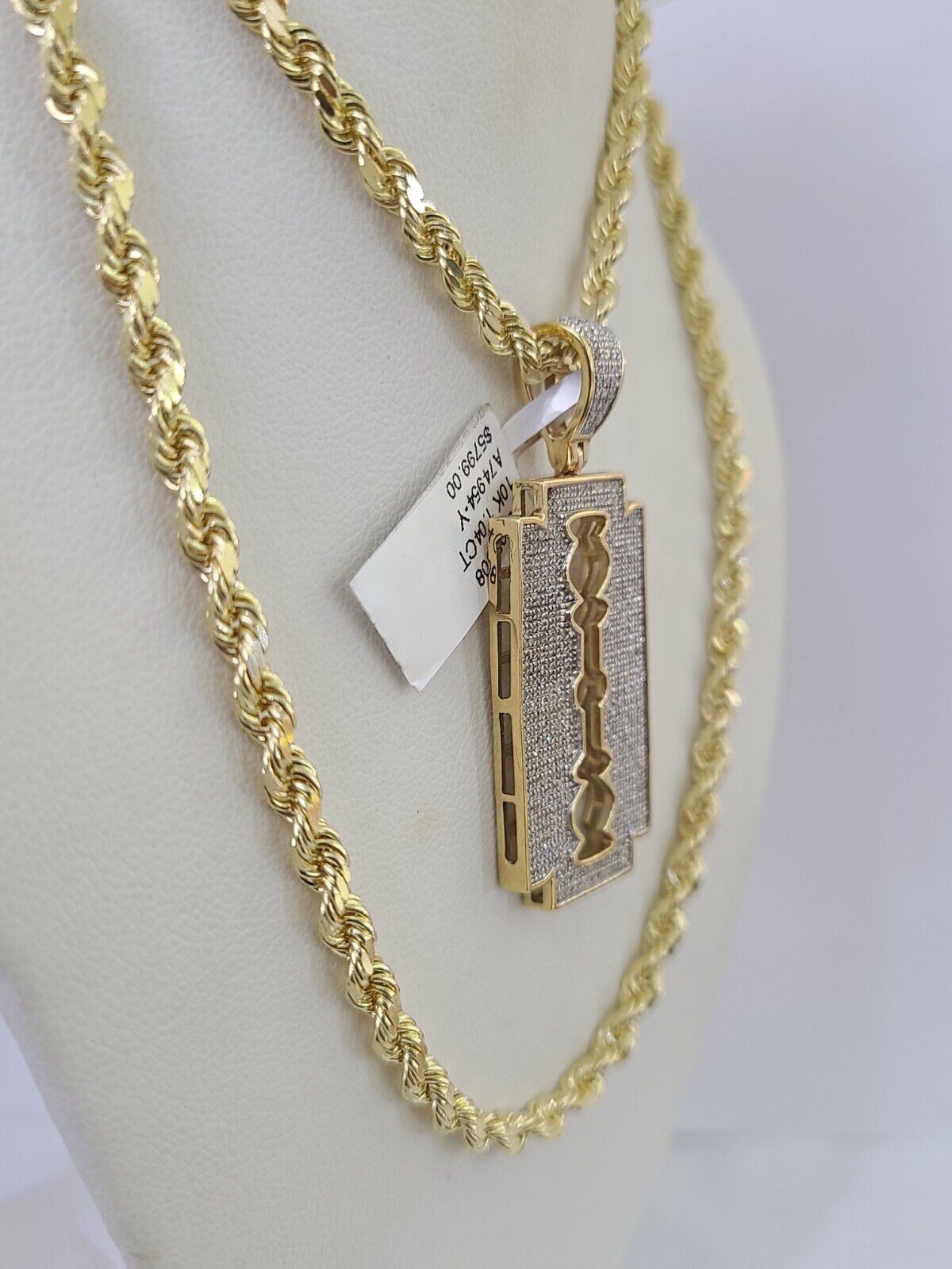 10k Solid Rope Chain Razor Blade Charm Diamond Set 4mm 20"-28" Necklace Gold