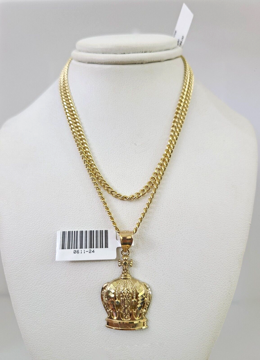 10k Gold Miami Cuban Chain Imperial Crown Charm Pendant 3mm 18-28in Necklace
