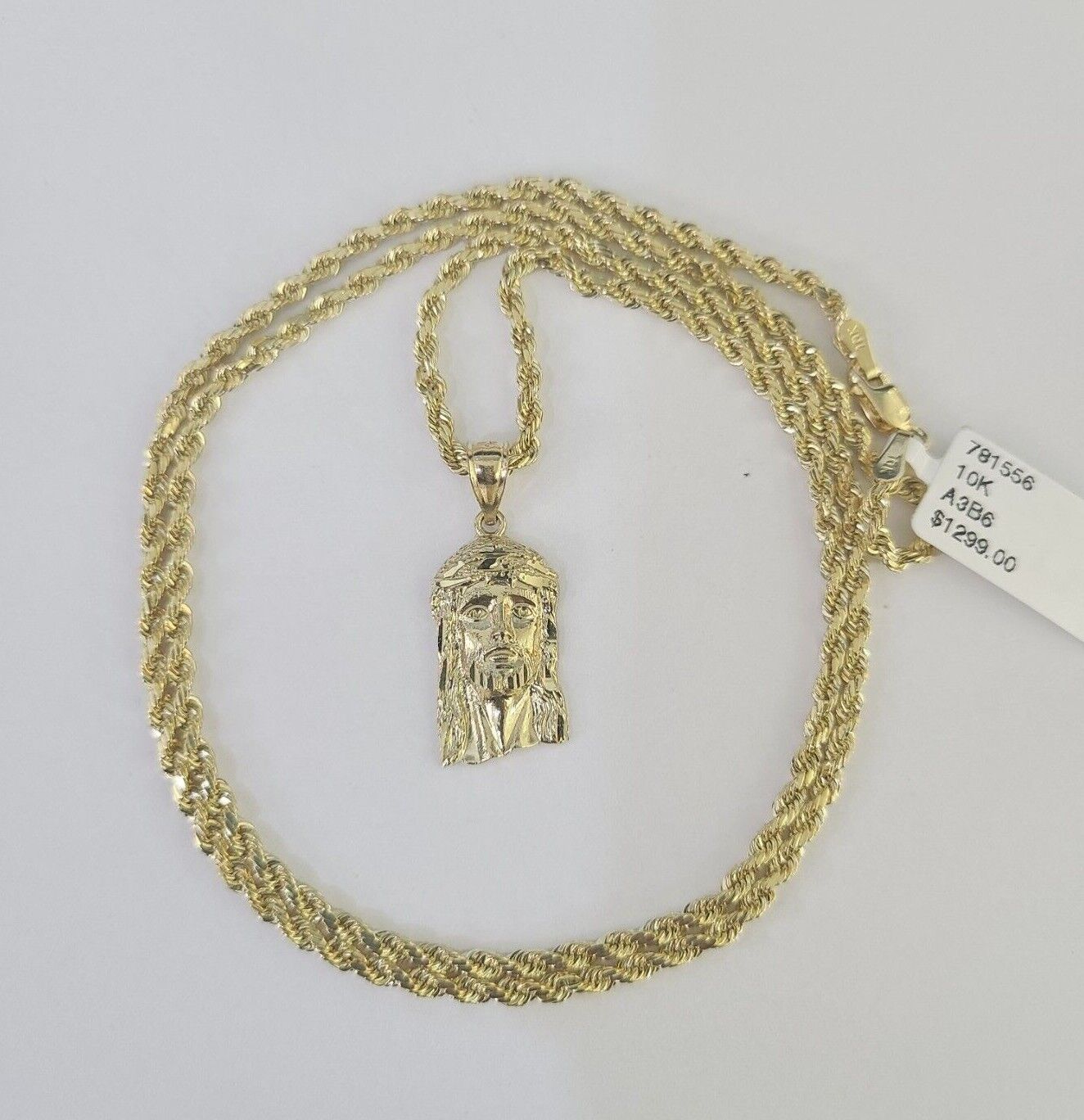 10k Rope Chain Jesus Head Pendant 18"-30" Yellow Gold Set Charm Necklace 3mm