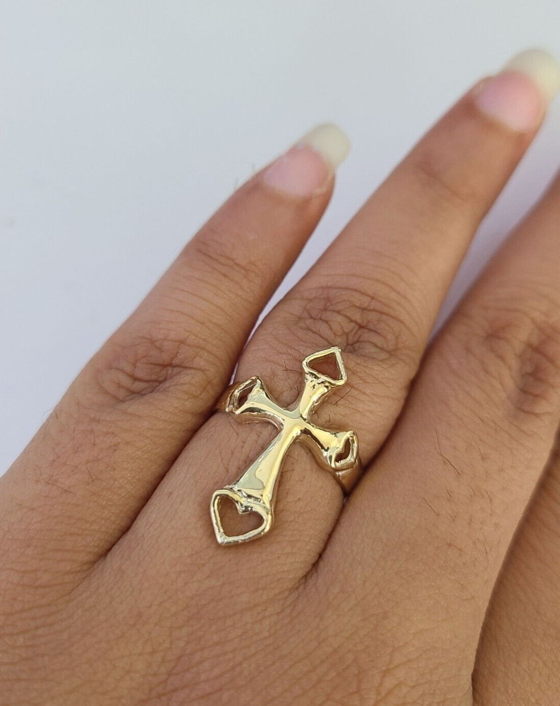 Real 14k Jesus Cross Hearts Ring Band Casual Wedding Engagement Yellow Gold