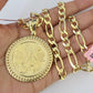 14k Solid Figaro Chain Centenario Bezel Pendant Gold 7mm 20-30 inch SET Necklace