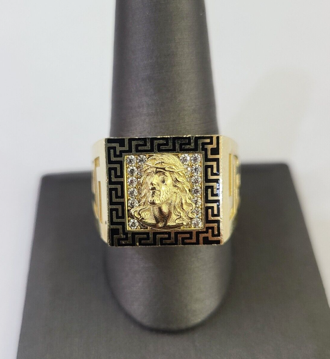 Real 10k Ring Jesus Head Fancy Black Design Yellow Gold Men Casual 10kt