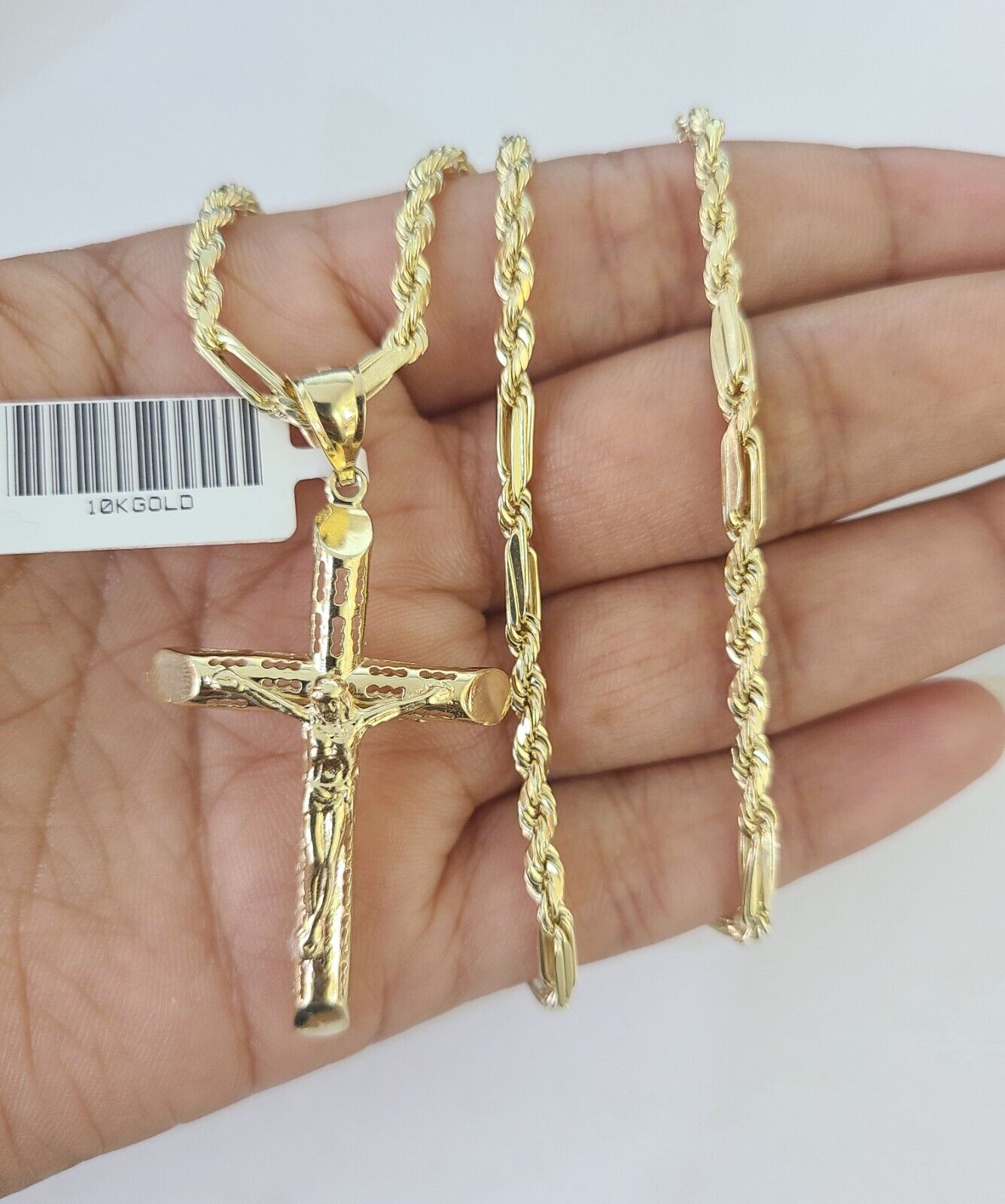 Real 10k Milano Rope Chain Jesus Cross Charm Necklace SET 3mm 18" 20" 22" 24"