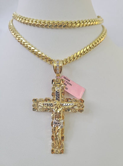 Real 14k Solid Chain Cross Charm Set Miami Cuban Link 6mm Necklace Pendant Gold