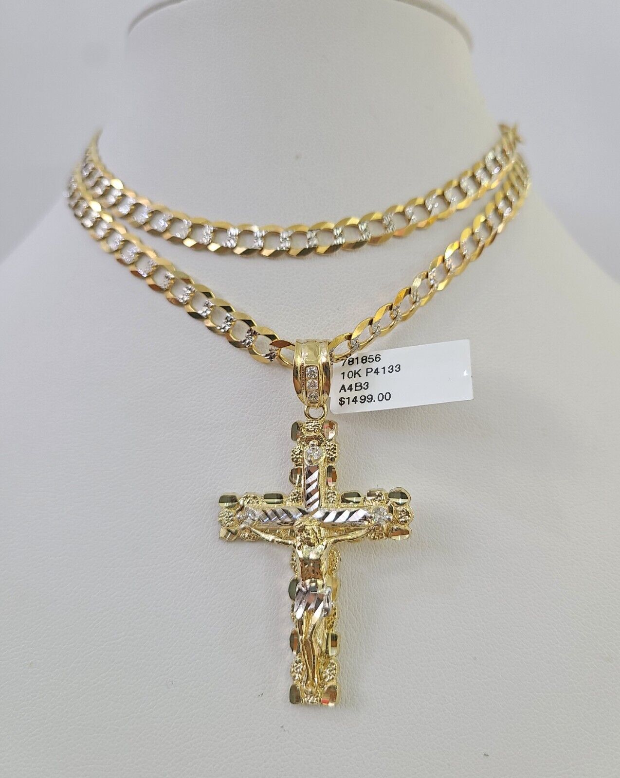 10k Solid Gold Cuban Curb Chain Jesus Cross Pendant 6mm 20"-30" SET Necklace